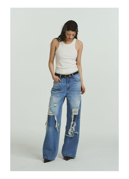 Pure Cotton Loose Fit Two-Piece Distressed Wash Jeans [ID:0019PA]