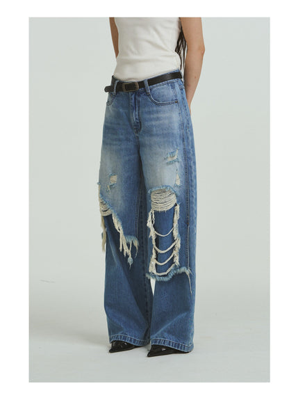 Pure Cotton Loose Fit Two-Piece Distressed Wash Jeans [ID:0019PA]