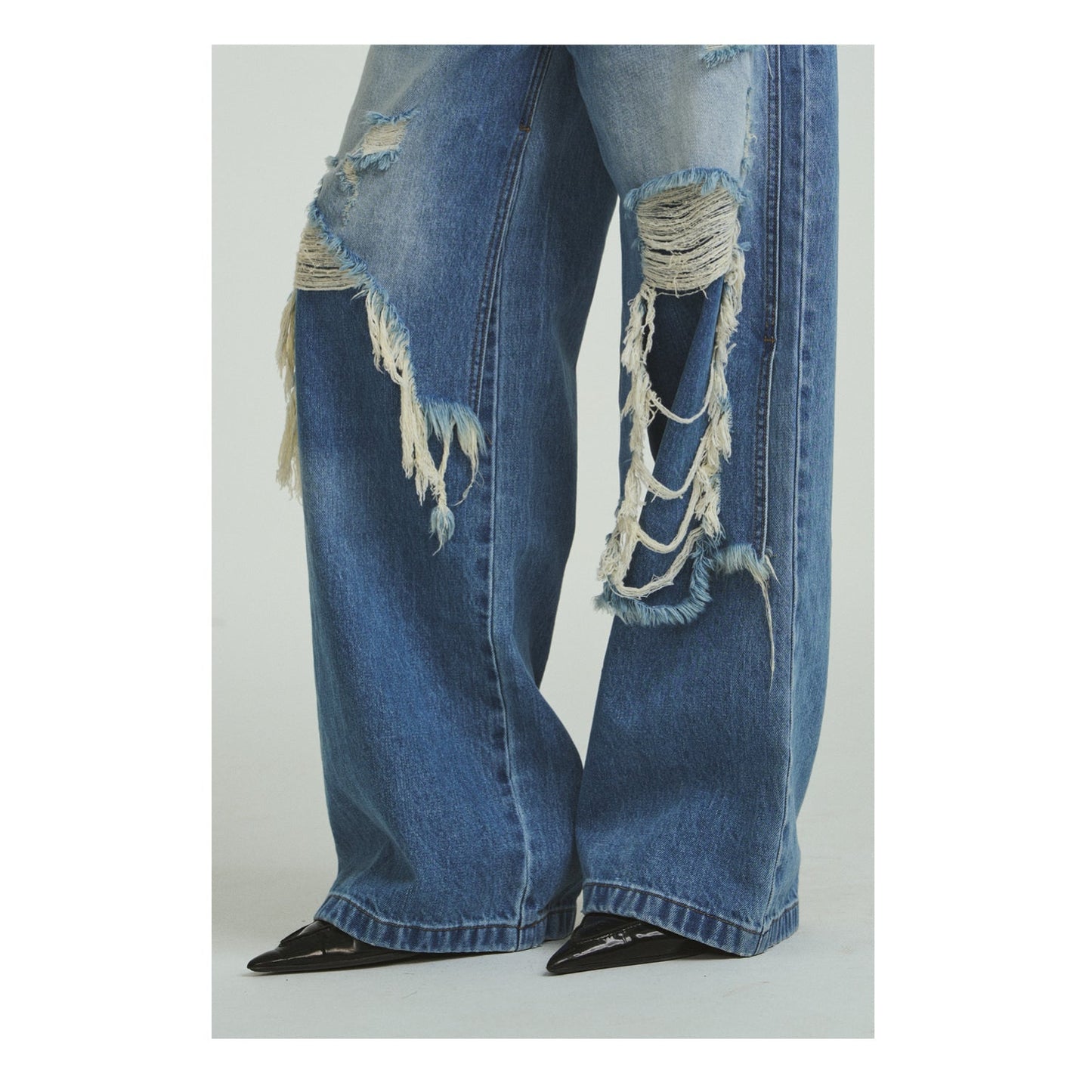 Pure Cotton Loose Fit Two-Piece Distressed Wash Jeans [ID:0019PA]