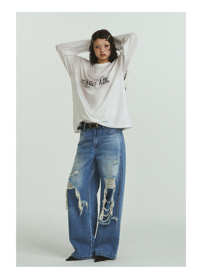 Pure Cotton Loose Fit Two-Piece Distressed Wash Jeans [ID:0019PA]