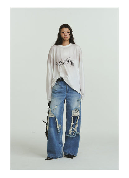 Pure Cotton Loose Fit Two-Piece Distressed Wash Jeans [ID:0019PA]