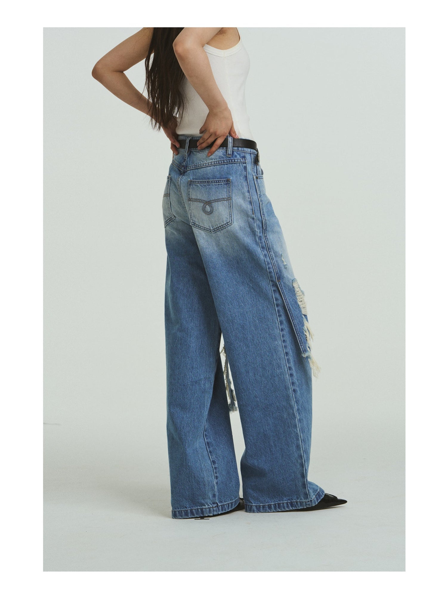 Pure Cotton Loose Fit Two-Piece Distressed Wash Jeans [ID:0019PA]