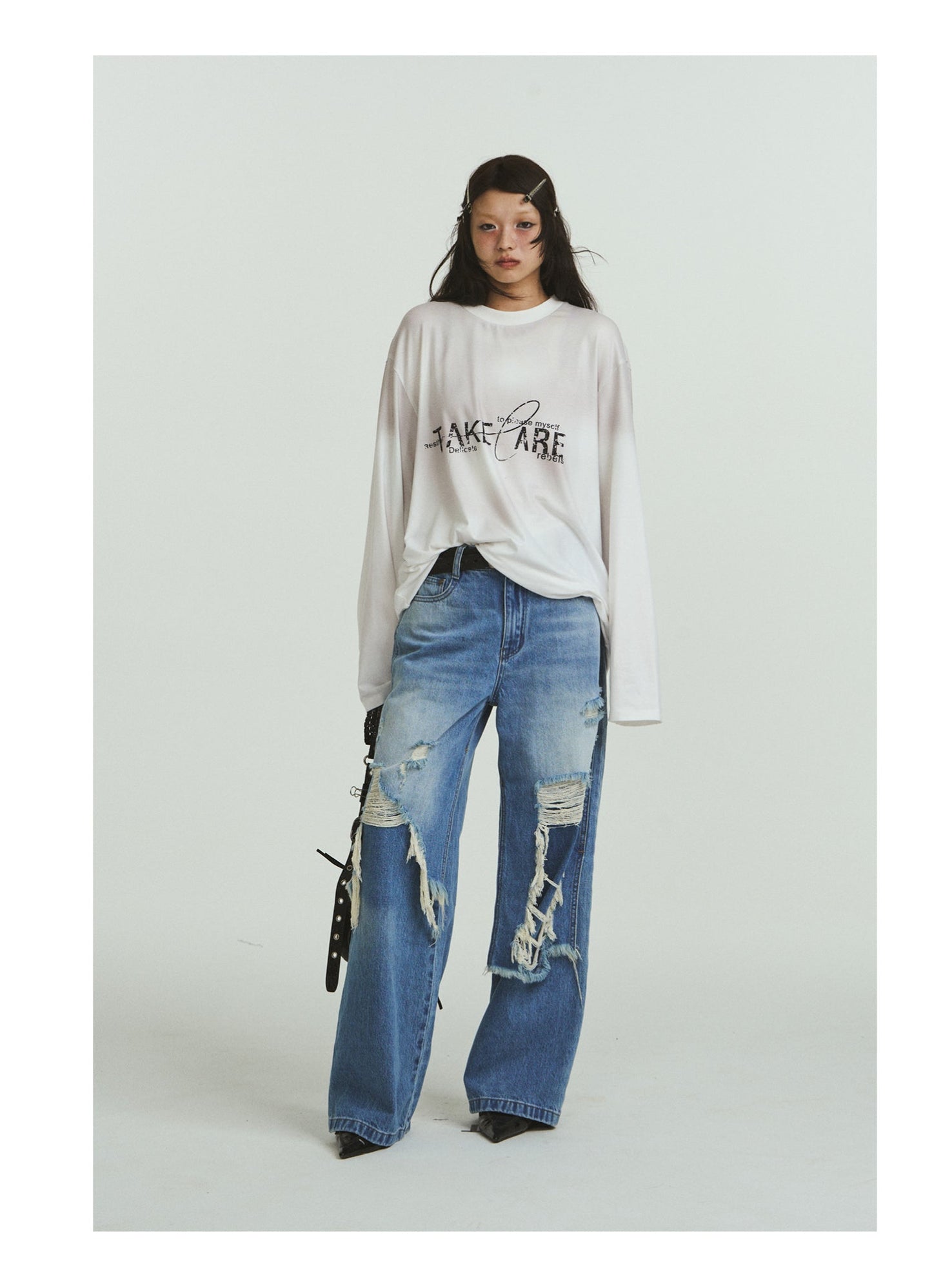 Pure Cotton Loose Fit Two-Piece Distressed Wash Jeans [ID:0019PA]