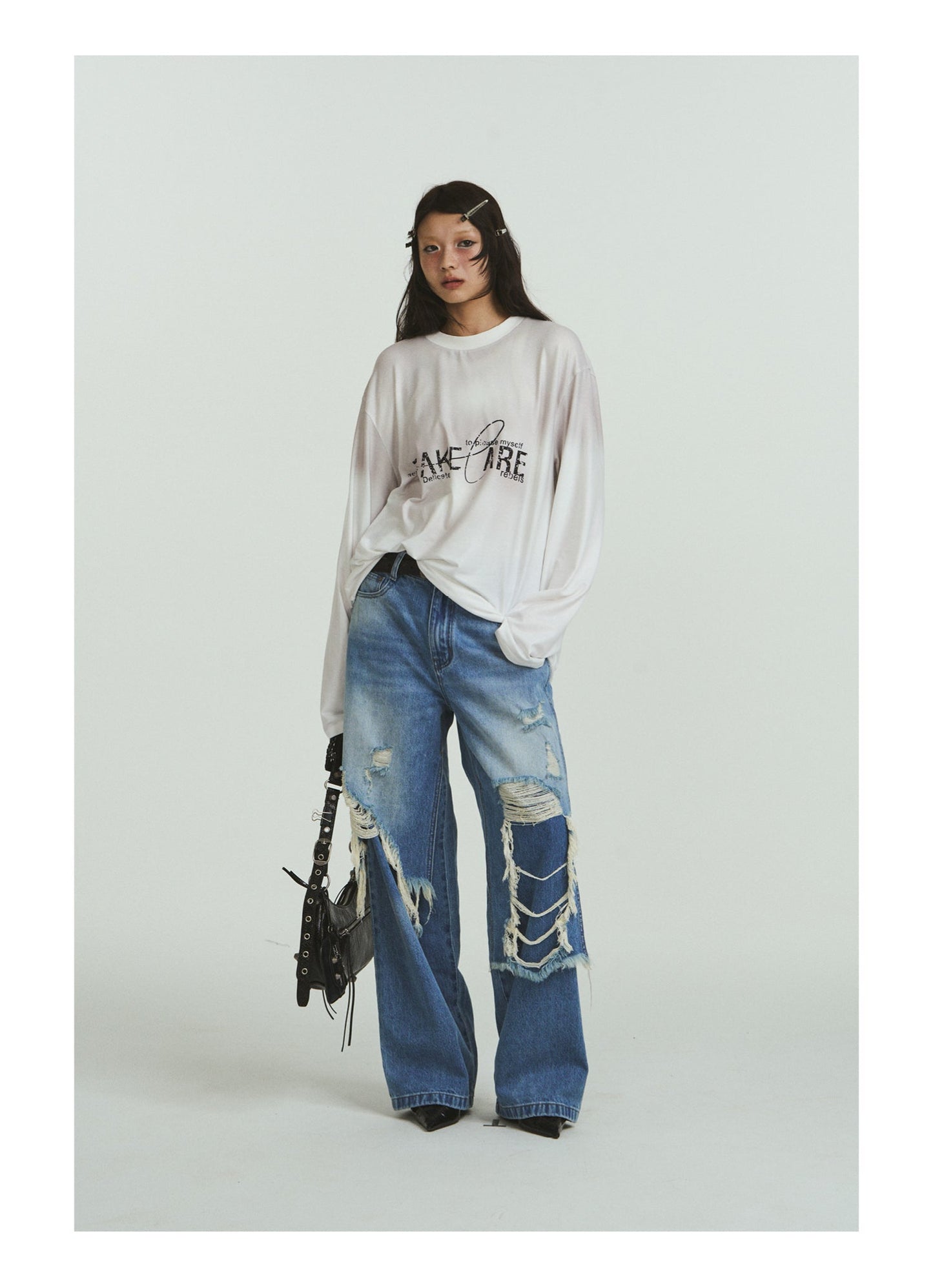 Pure Cotton Loose Fit Two-Piece Distressed Wash Jeans [ID:0019PA]