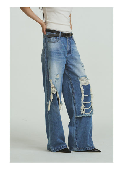 Pure Cotton Loose Fit Two-Piece Distressed Wash Jeans [ID:0019PA]