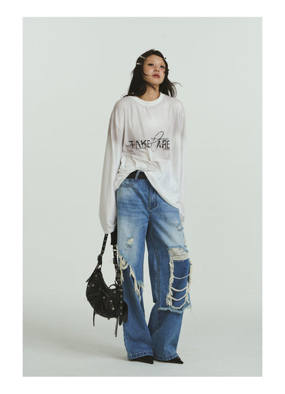 Pure Cotton Loose Fit Two-Piece Distressed Wash Jeans [ID:0019PA]