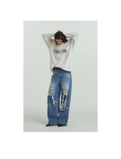 Pure Cotton Loose Fit Two-Piece Distressed Wash Jeans [ID:0019PA]