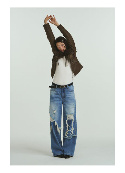 Pure Cotton Loose Fit Two-Piece Distressed Wash Jeans [ID:0019PA]