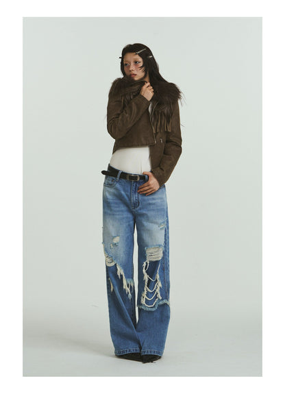 Pure Cotton Loose Fit Two-Piece Distressed Wash Jeans [ID:0019PA]