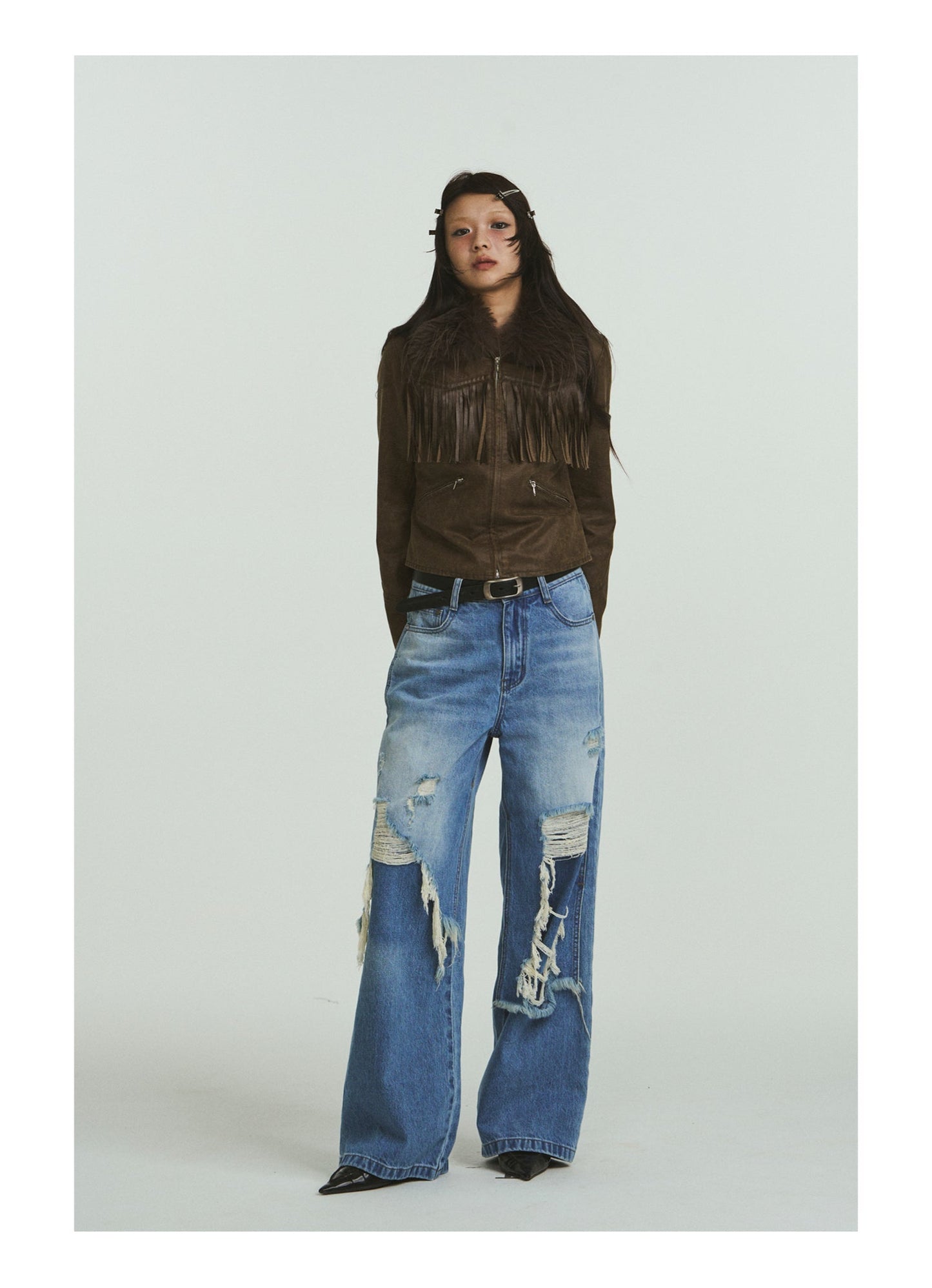 Pure Cotton Loose Fit Two-Piece Distressed Wash Jeans [ID:0019PA]