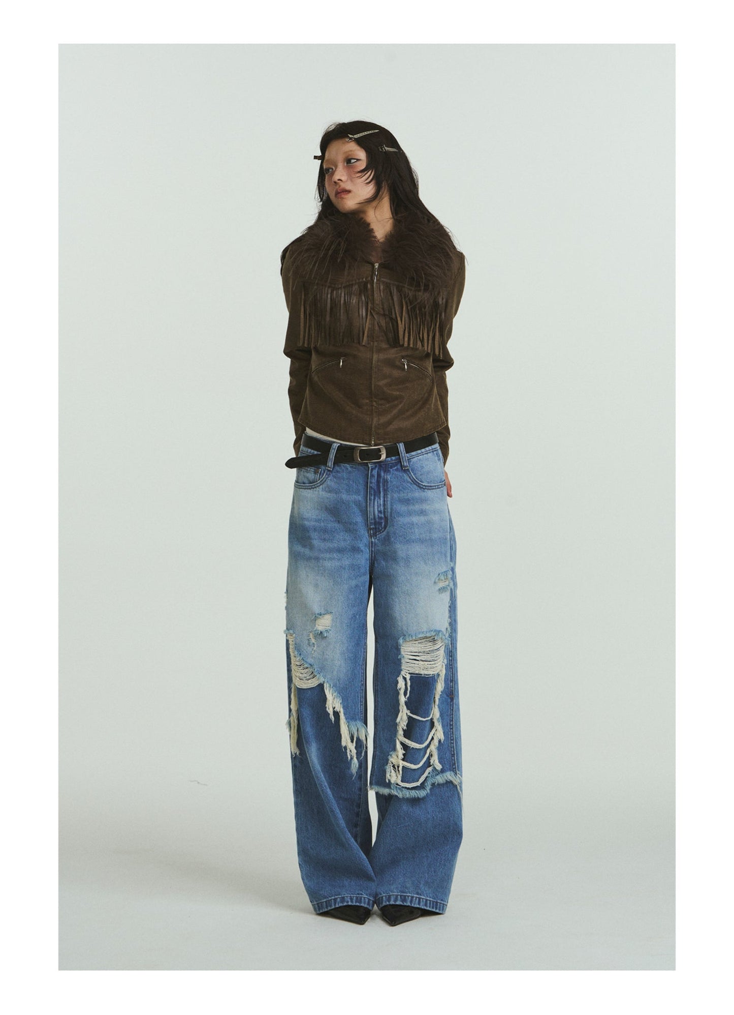 Pure Cotton Loose Fit Two-Piece Distressed Wash Jeans [ID:0019PA]