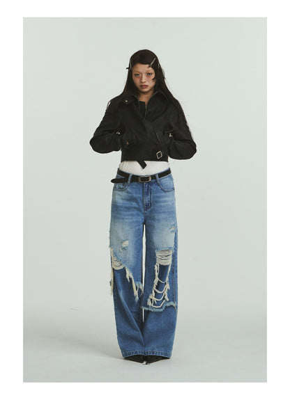 Pure Cotton Loose Fit Two-Piece Distressed Wash Jeans [ID:0019PA]