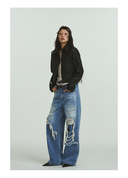 Pure Cotton Loose Fit Two-Piece Distressed Wash Jeans [ID:0019PA]