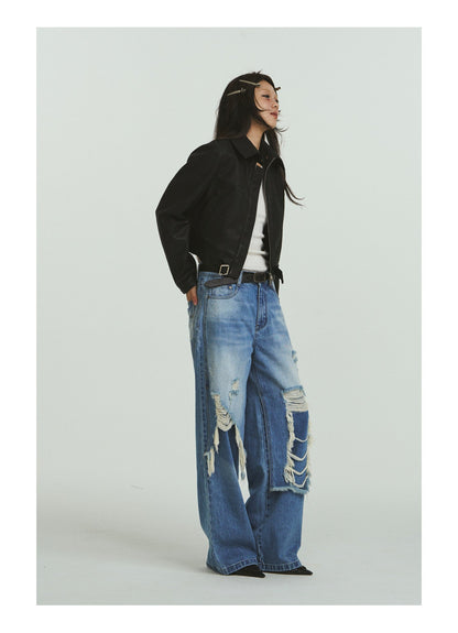 Pure Cotton Loose Fit Two-Piece Distressed Wash Jeans [ID:0019PA]