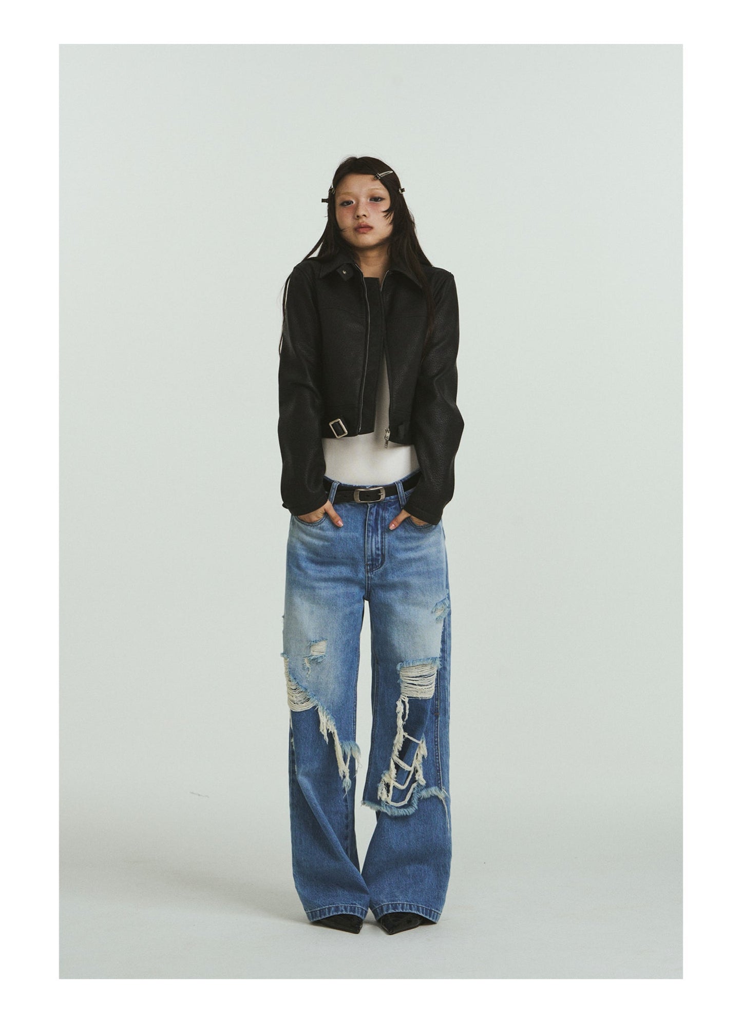 Pure Cotton Loose Fit Two-Piece Distressed Wash Jeans [ID:0019PA]