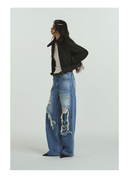 Pure Cotton Loose Fit Two-Piece Distressed Wash Jeans [ID:0019PA]