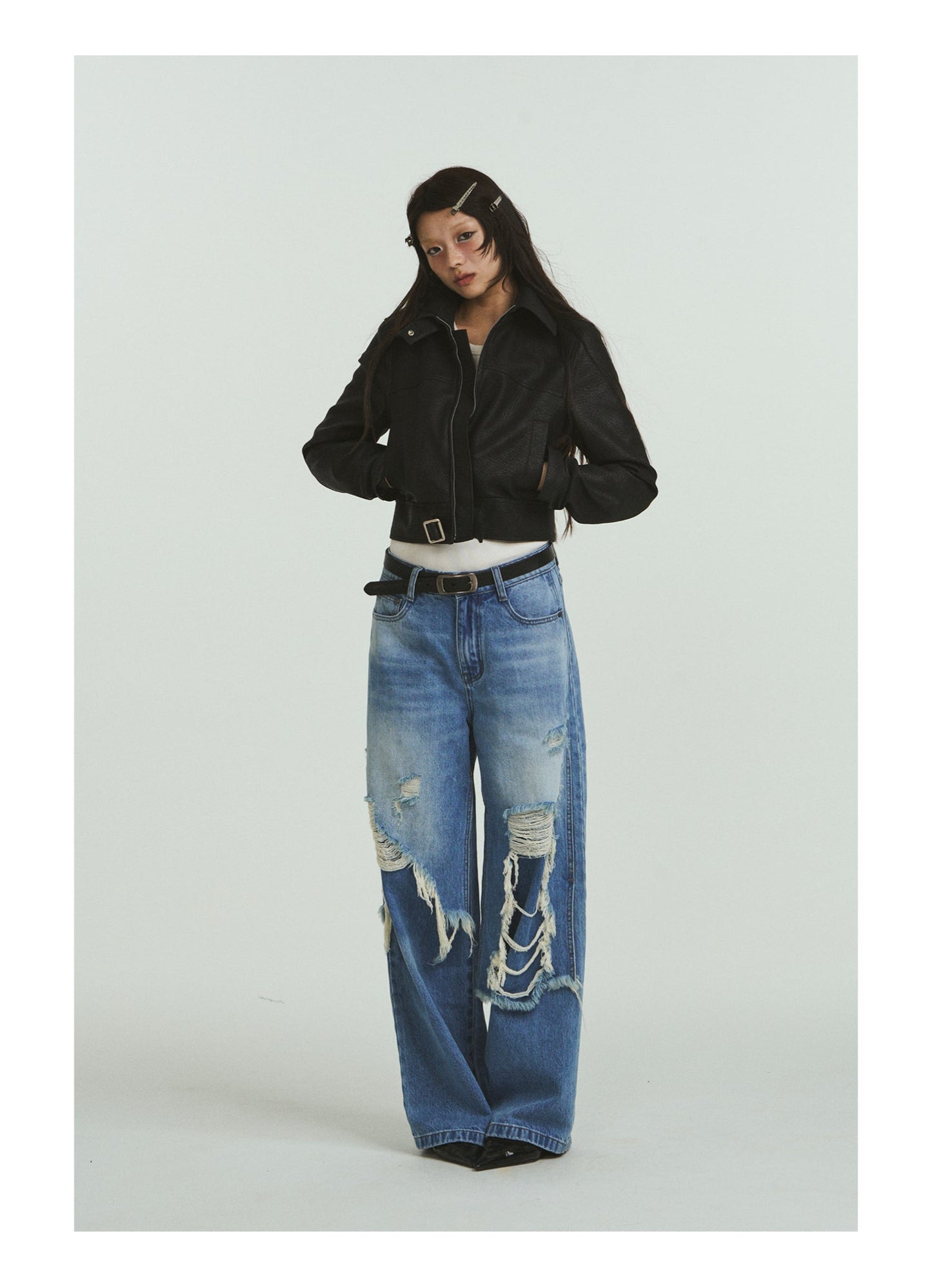 Pure Cotton Loose Fit Two-Piece Distressed Wash Jeans [ID:0019PA]