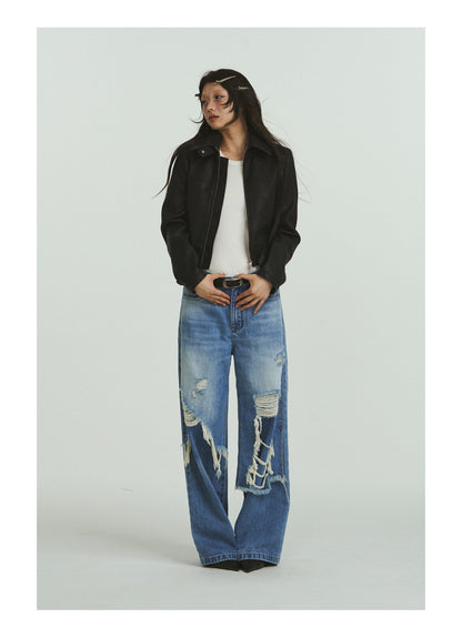 Pure Cotton Loose Fit Two-Piece Distressed Wash Jeans [ID:0019PA]