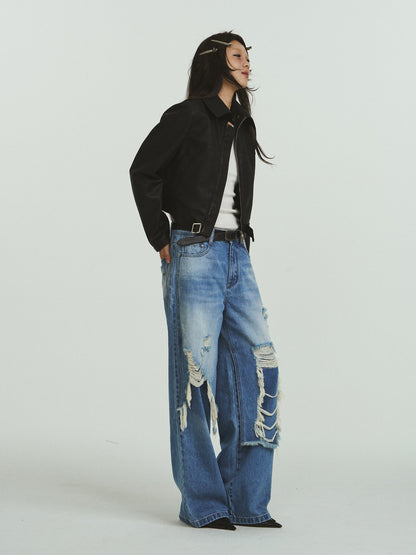 Pure Cotton Loose Fit Two-Piece Distressed Wash Jeans [ID:0019PA]