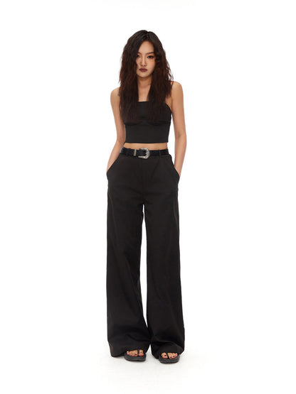 Loose Straight BlackVersatile Wide-Leg Mop Trousers [ID:0020PA]