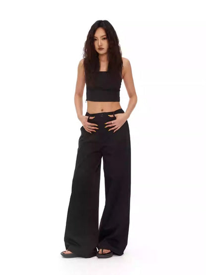 Loose Straight BlackVersatile Wide-Leg Mop Trousers [ID:0020PA]