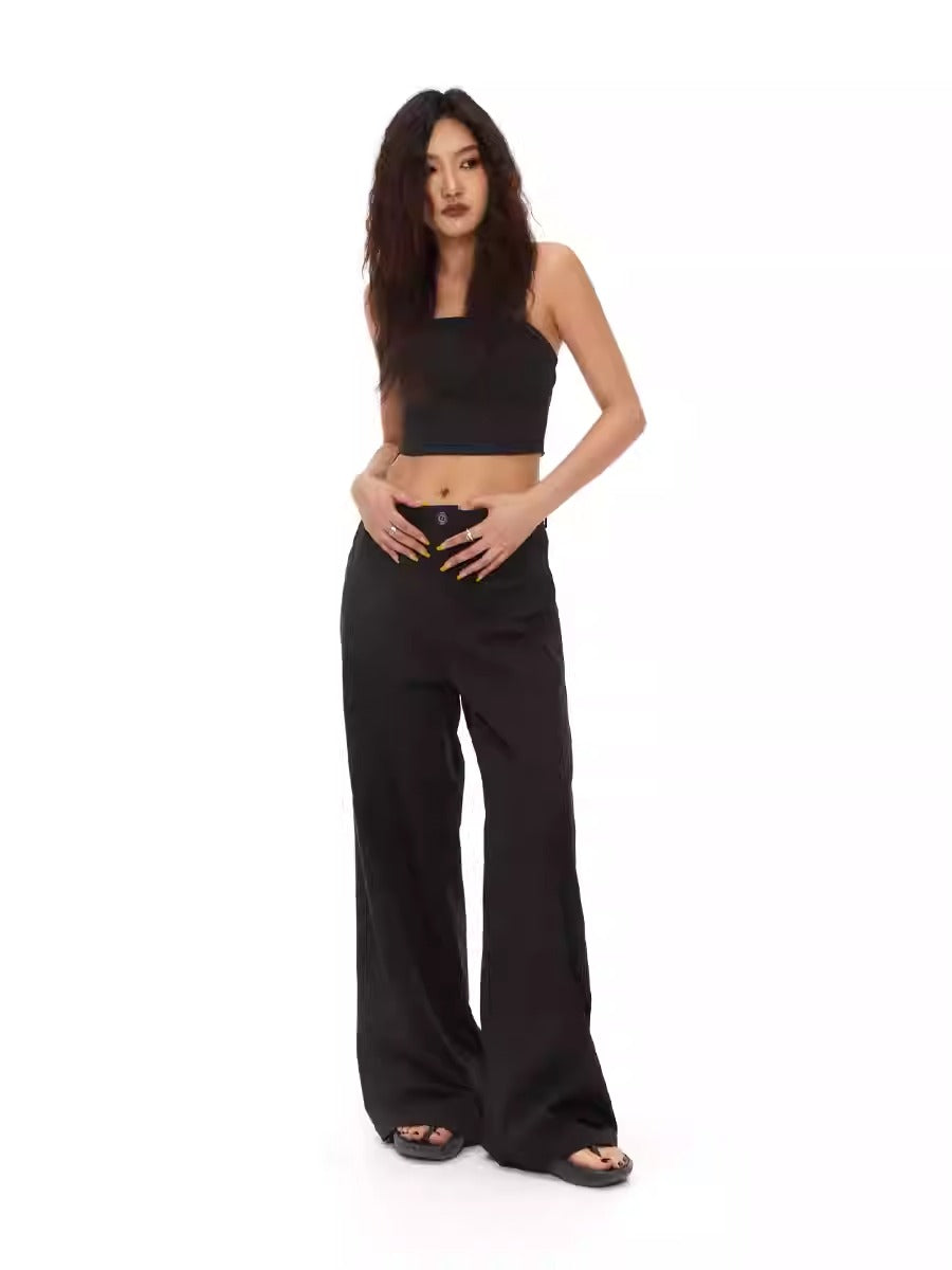 Loose Straight BlackVersatile Wide-Leg Mop Trousers [ID:0020PA]