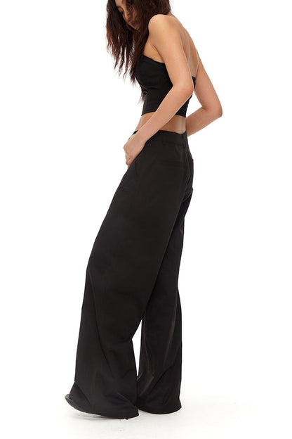 Loose Straight BlackVersatile Wide-Leg Mop Trousers [ID:0020PA]