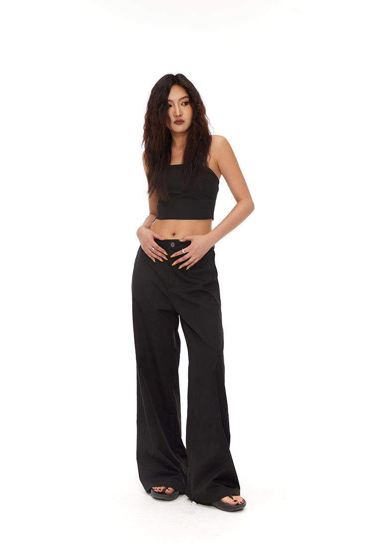 Loose Straight BlackVersatile Wide-Leg Mop Trousers [ID:0020PA]