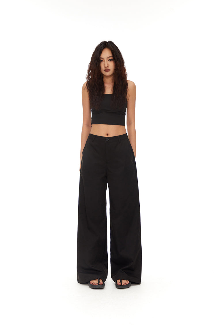 Loose Straight BlackVersatile Wide-Leg Mop Trousers [ID:0020PA]