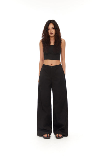 Loose Straight BlackVersatile Wide-Leg Mop Trousers [ID:0020PA]