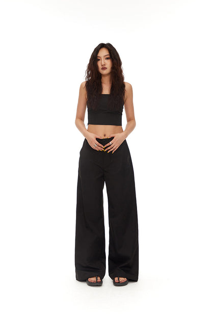 Loose Straight BlackVersatile Wide-Leg Mop Trousers [ID:0020PA]