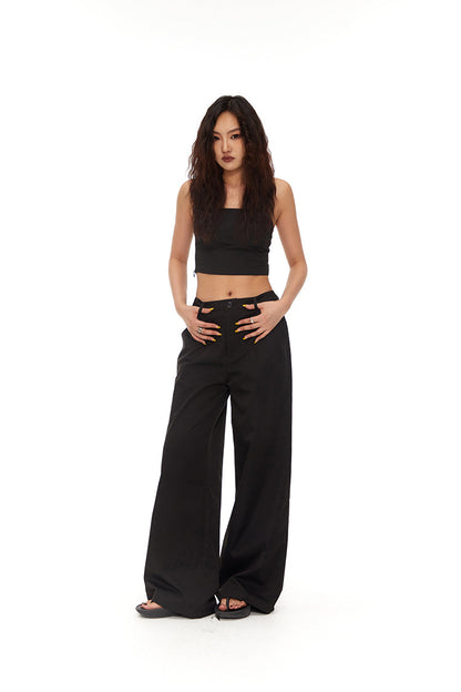 Loose Straight BlackVersatile Wide-Leg Mop Trousers [ID:0020PA]