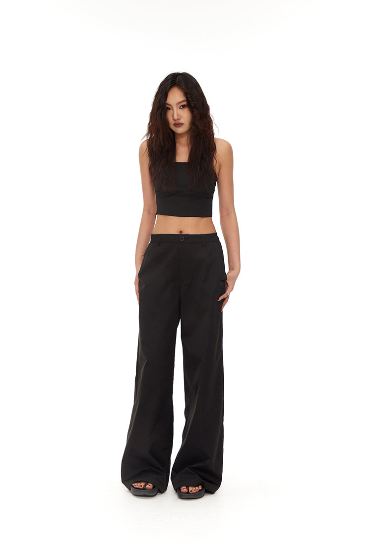 Loose Straight BlackVersatile Wide-Leg Mop Trousers [ID:0020PA]