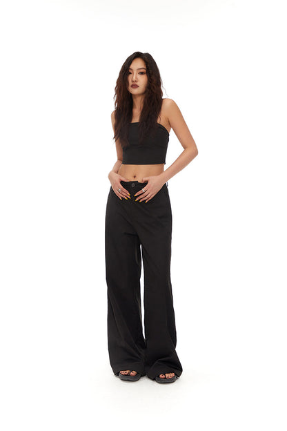 Loose Straight BlackVersatile Wide-Leg Mop Trousers [ID:0020PA]