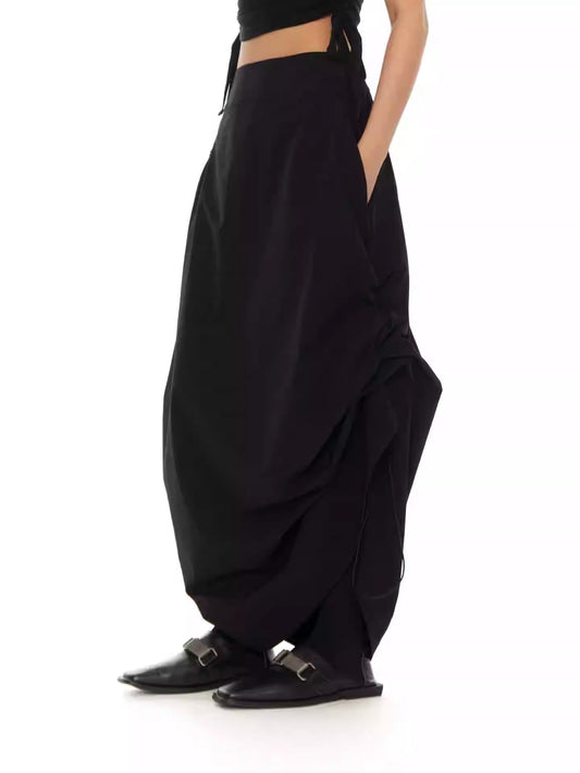 Dark Black Drawstring A-Line High-Waist Slimming Skirt [ID:0022SK]