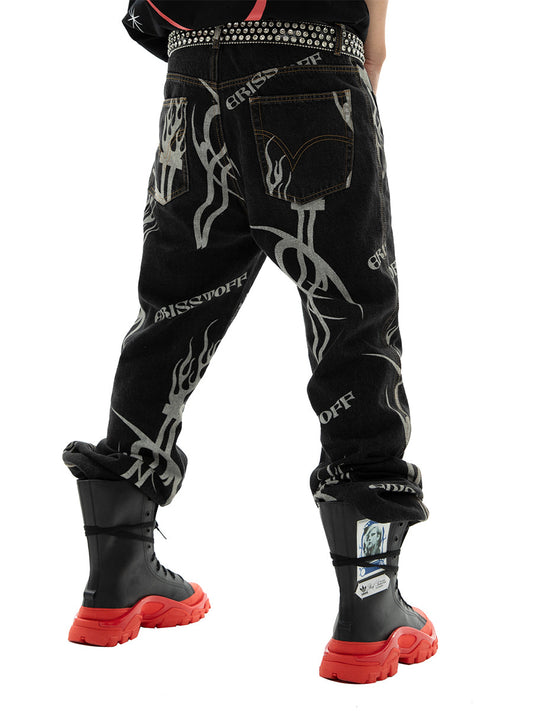 Punk Distressed Washed Flame-Sword Large Jeans [ID:0028PA]