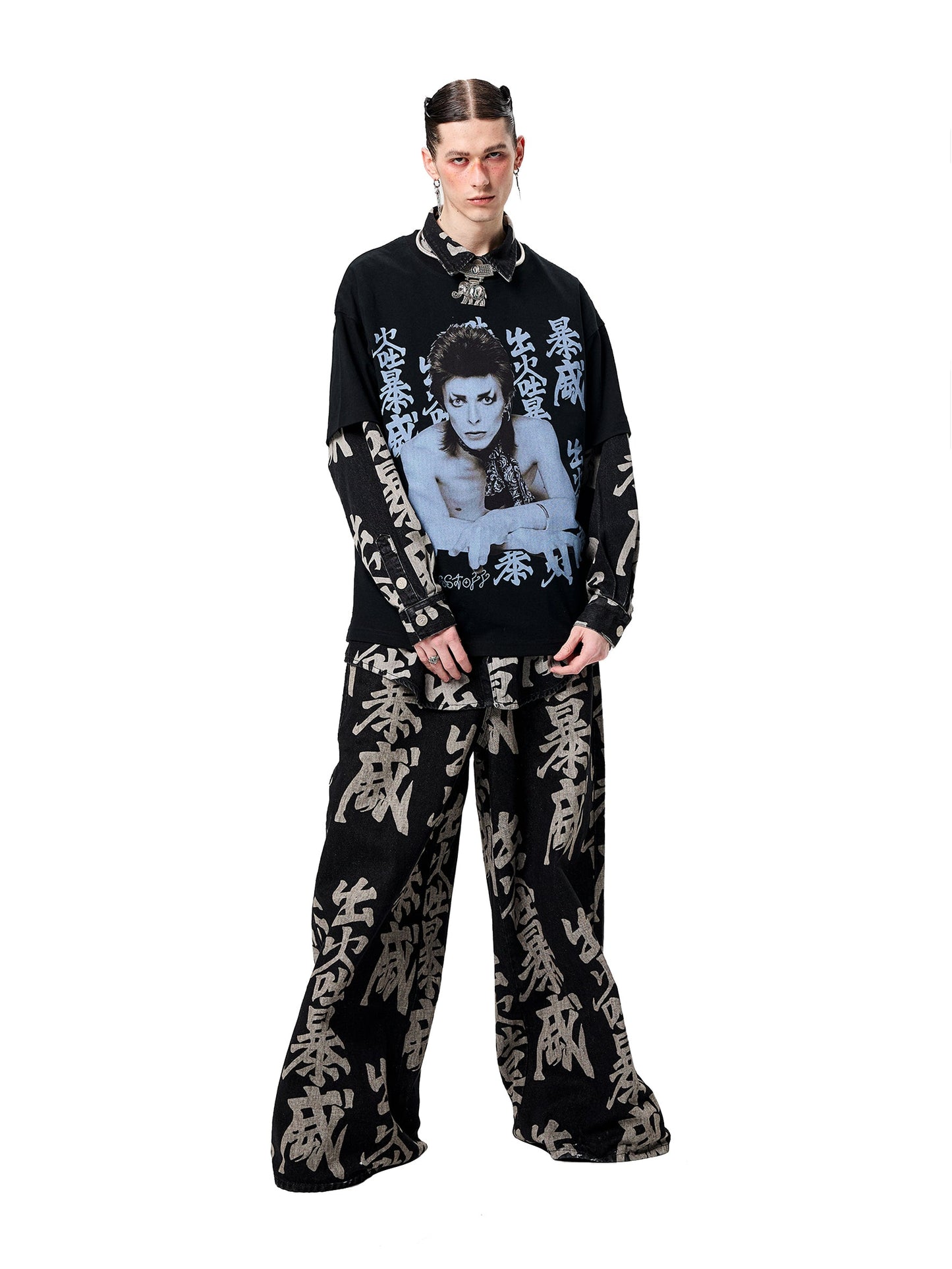 Washed Black Distressed David Bowie Wide-Leg Jeans [ID:0029PA]