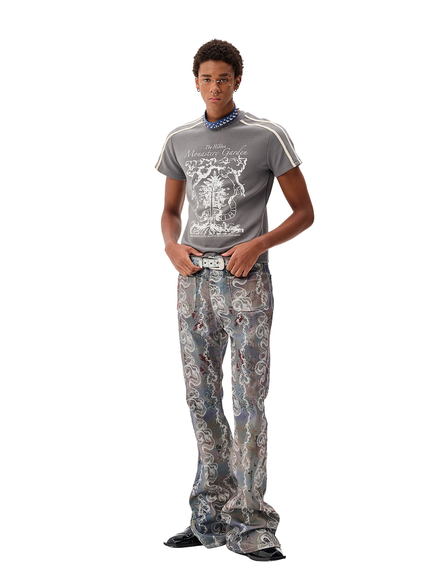 Punk Waistland Dragon & Snake Pattern Bootleg Jeans [ID:0032PA]