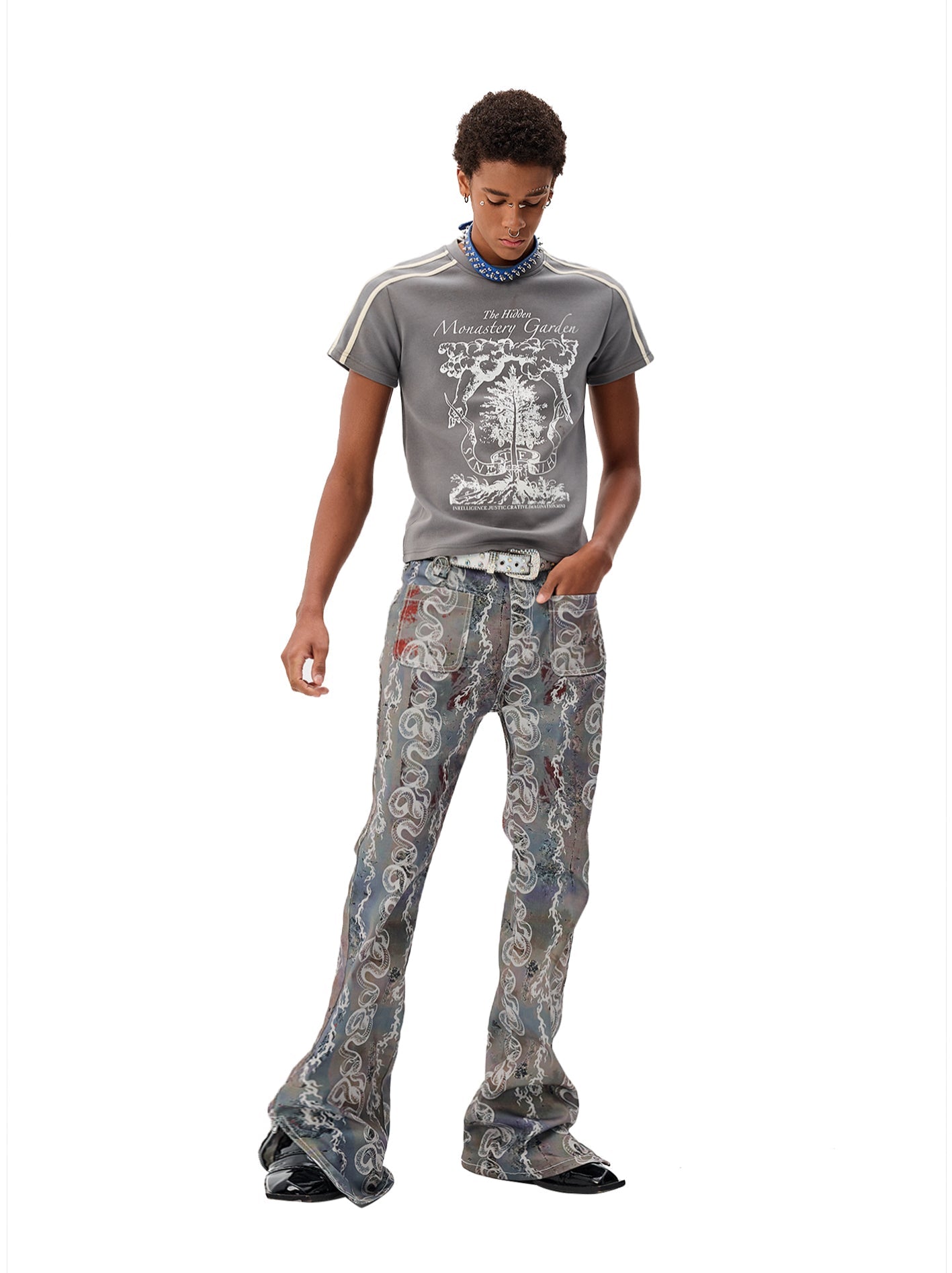 Punk Waistland Dragon & Snake Pattern Bootleg Jeans [ID:0032PA]