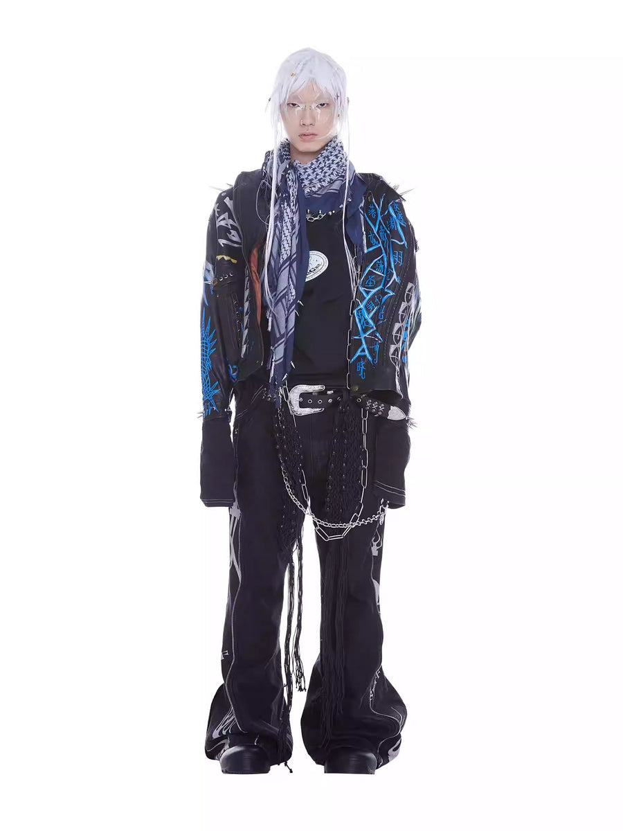 Punk Distressed Dark Flame Sword Side Zipper Pirate Jeans [ID:0033PA]