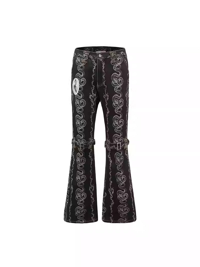 Black Washed Dragon & Snake Pattern Bandage Bootcut Jeans






 [ID:0035PA]