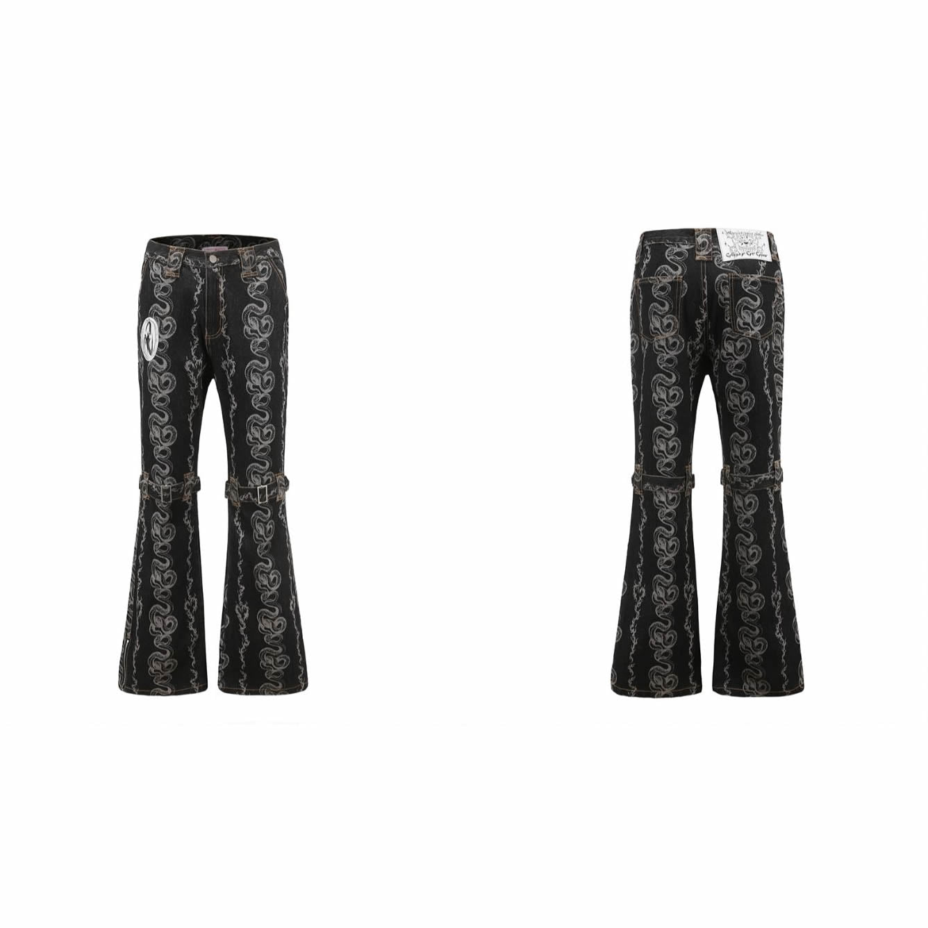 Black Washed Dragon & Snake Pattern Bandage Bootcut Jeans






 [ID:0035PA]