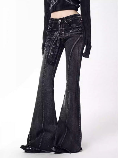 American Wash Bootcut Jeans Hot Girls Loose Slimming Belted Floor-Length Pants [ID:0038PA]