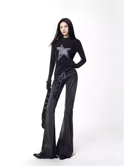 American Wash Bootcut Jeans Hot Girls Loose Slimming Belted Floor-Length Pants [ID:0038PA]