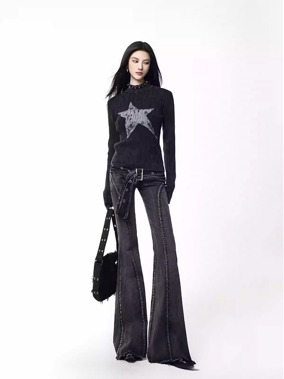 American Wash Bootcut Jeans Hot Girls Loose Slimming Belted Floor-Length Pants [ID:0038PA]