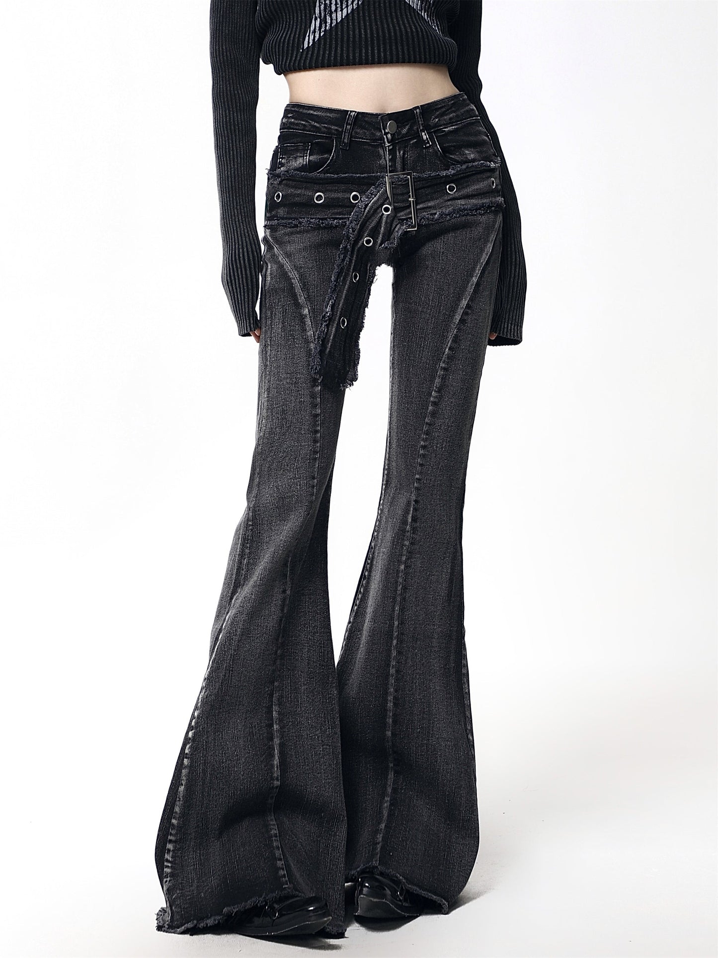 American Wash Bootcut Jeans Hot Girls Loose Slimming Belted Floor-Length Pants [ID:0038PA]