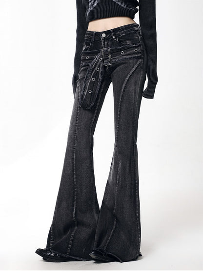 American Wash Bootcut Jeans Hot Girls Loose Slimming Belted Floor-Length Pants [ID:0038PA]