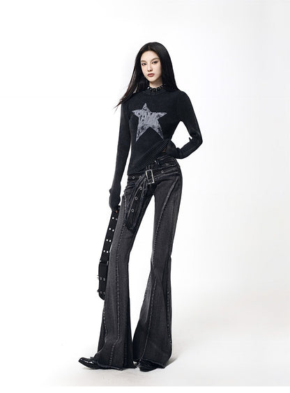 American Wash Bootcut Jeans Hot Girls Loose Slimming Belted Floor-Length Pants [ID:0038PA]