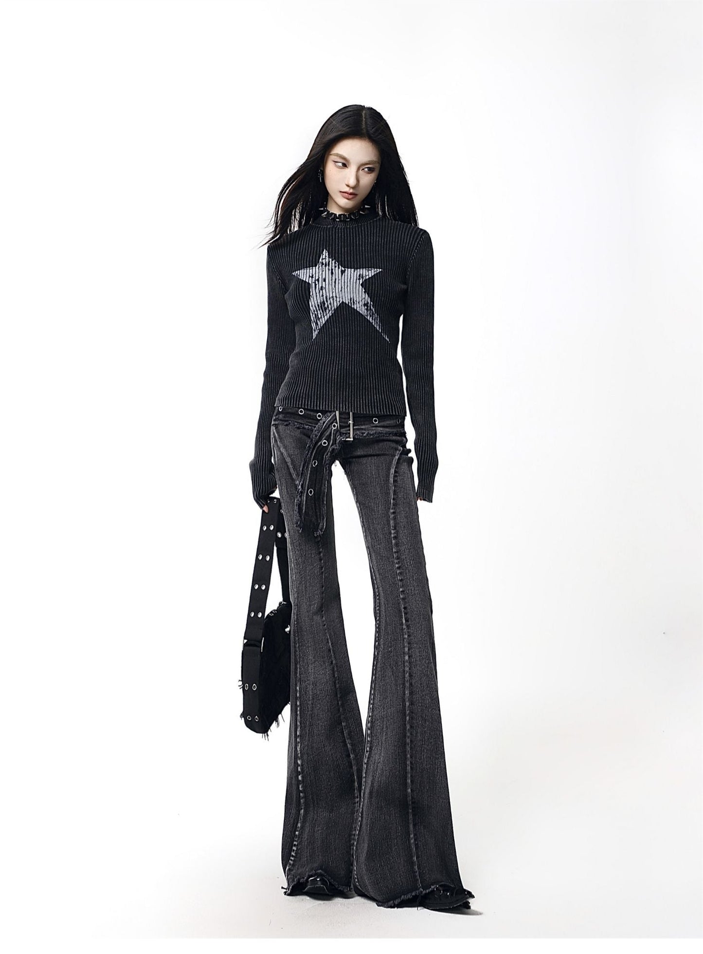 American Wash Bootcut Jeans Hot Girls Loose Slimming Belted Floor-Length Pants [ID:0038PA]