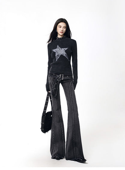 American Wash Bootcut Jeans Hot Girls Loose Slimming Belted Floor-Length Pants [ID:0038PA]